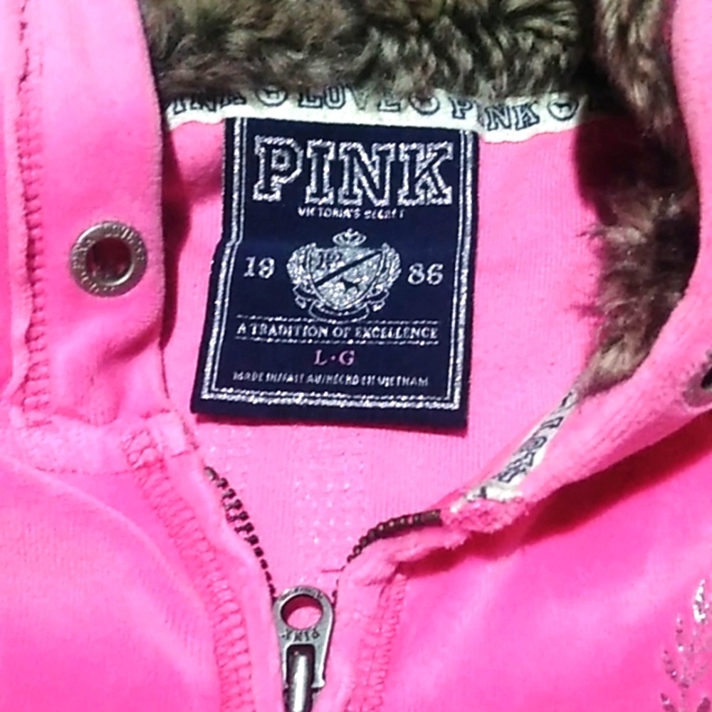 PINK Victoria's Secret Hoody Sweater Size L 1986 Invite Only faux fur & sequins - Picture 7 of 12